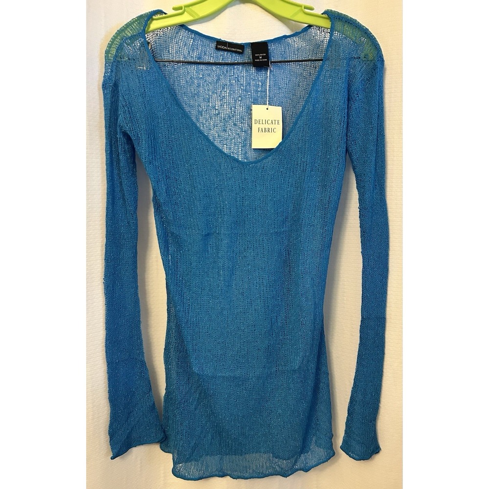 Moda Womens M Blue Long Sleeve Pullover Open Knit Sweater/Swimsuit Cover Up NWT